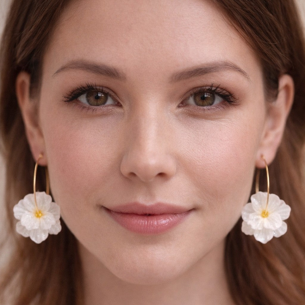 Burgundy Pearl White Flower Hoop Earrings Set