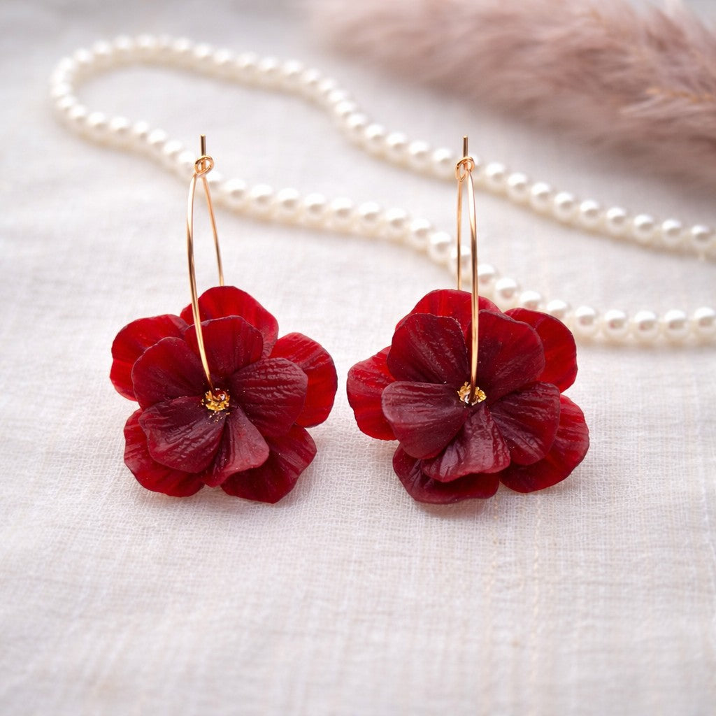Burgundy Pearl White Flower Hoop Earrings Set