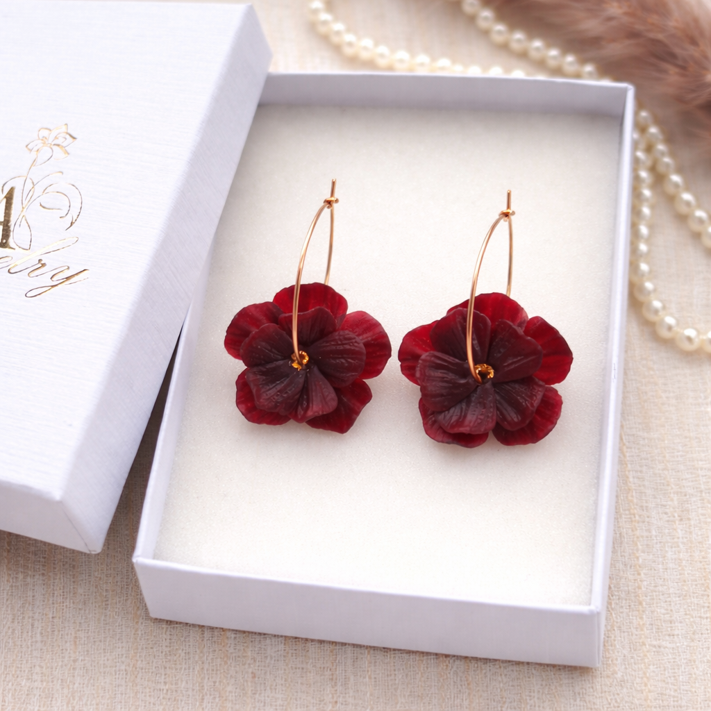 Burgundy Pearl White Flower Hoop Earrings Set