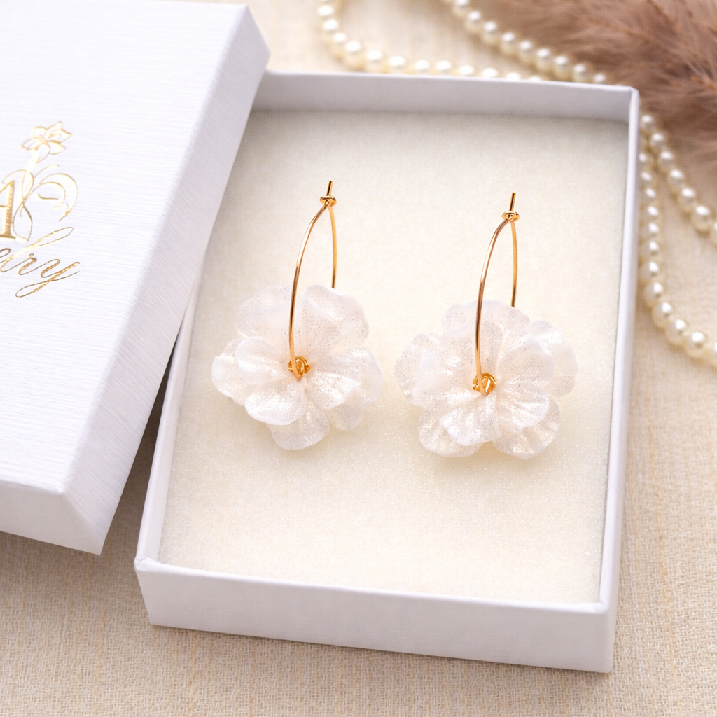 Burgundy Pearl White Flower Hoop Earrings Set