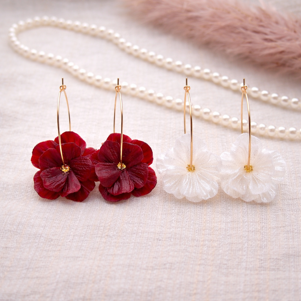 Burgundy Pearl White Flower Hoop Earrings Set