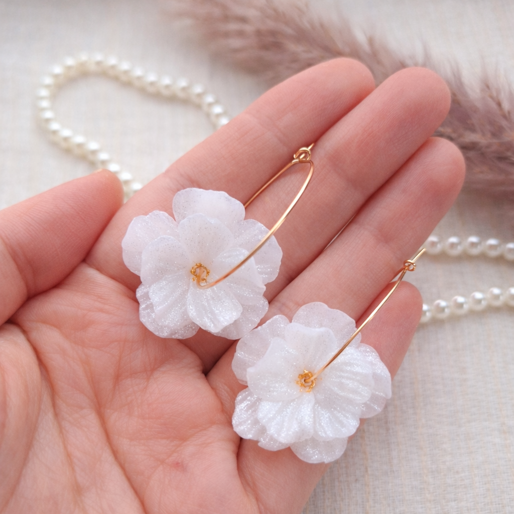 Burgundy Pearl White Flower Hoop Earrings Set