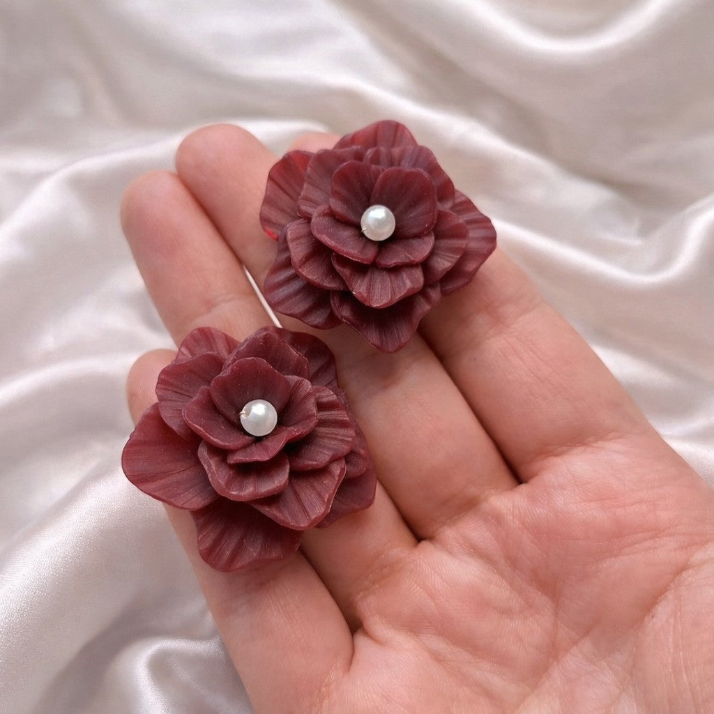 Burgundy Rose Pearl Earrings