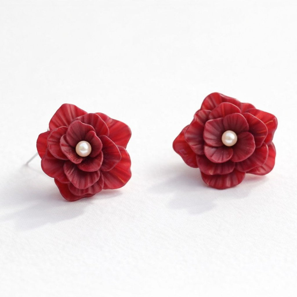 Burgundy Rose Pearl Earrings