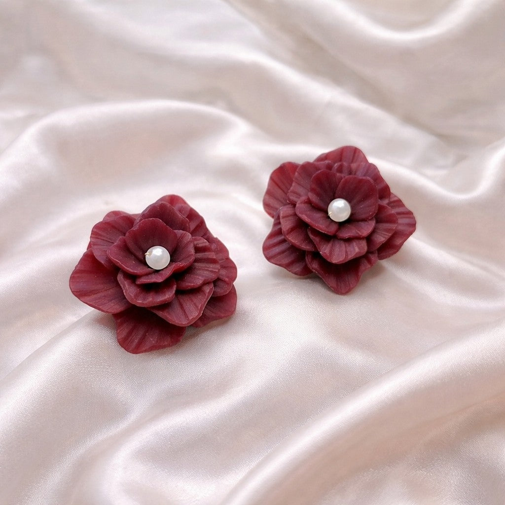 Burgundy Rose Pearl Earrings