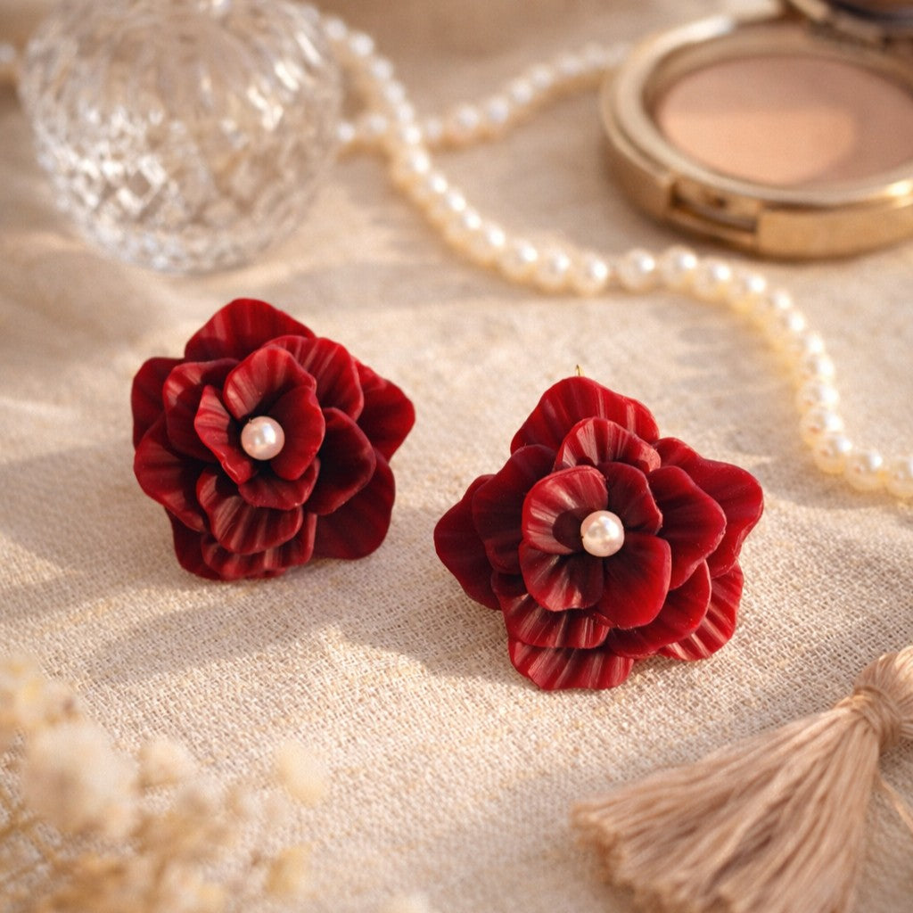 Burgundy Rose Pearl Earrings