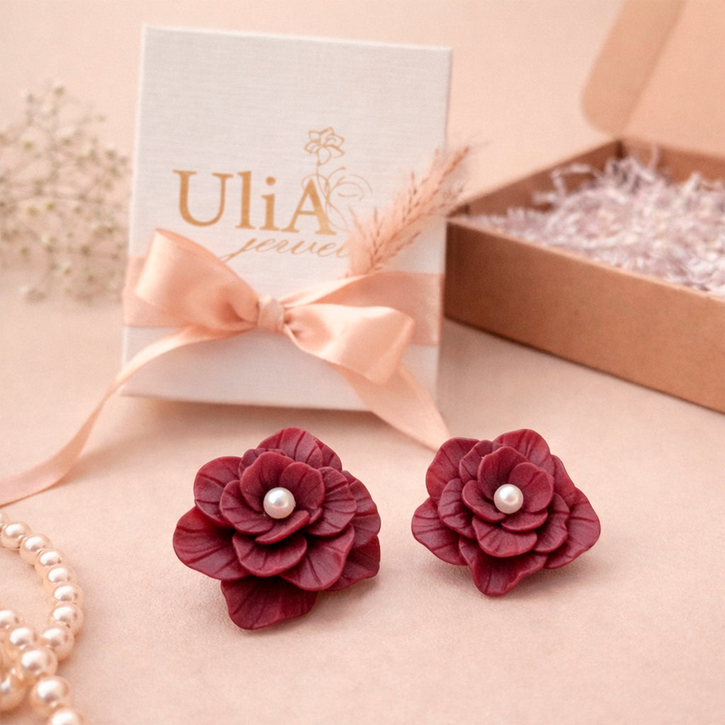 Burgundy Rose Pearl Earrings