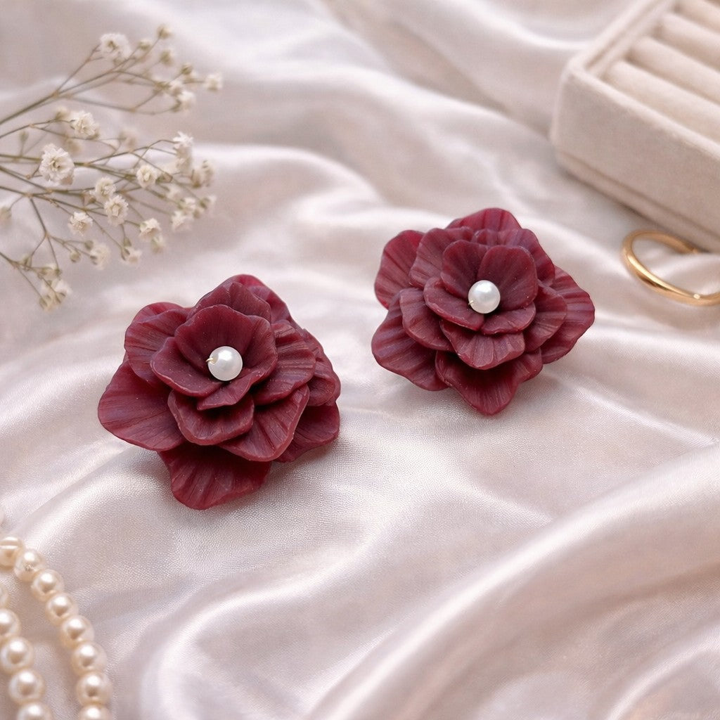 Burgundy Rose Pearl Earrings