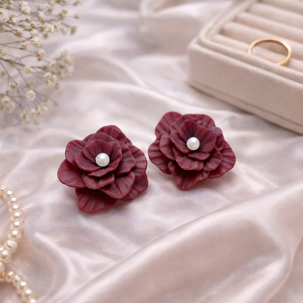 Burgundy Rose Pearl Earrings