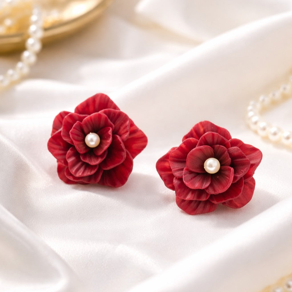 Burgundy Rose Pearl Earrings