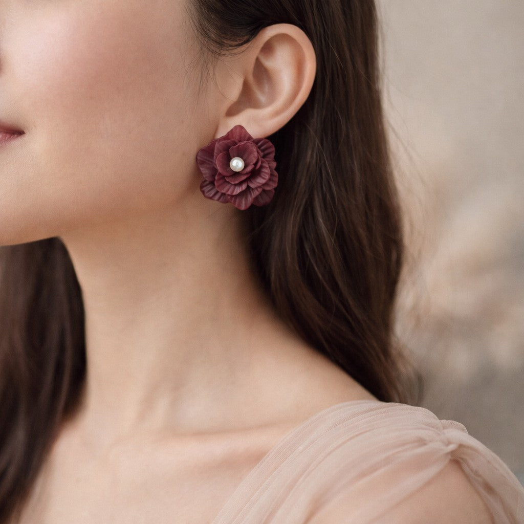 Burgundy Rose Pearl Earrings