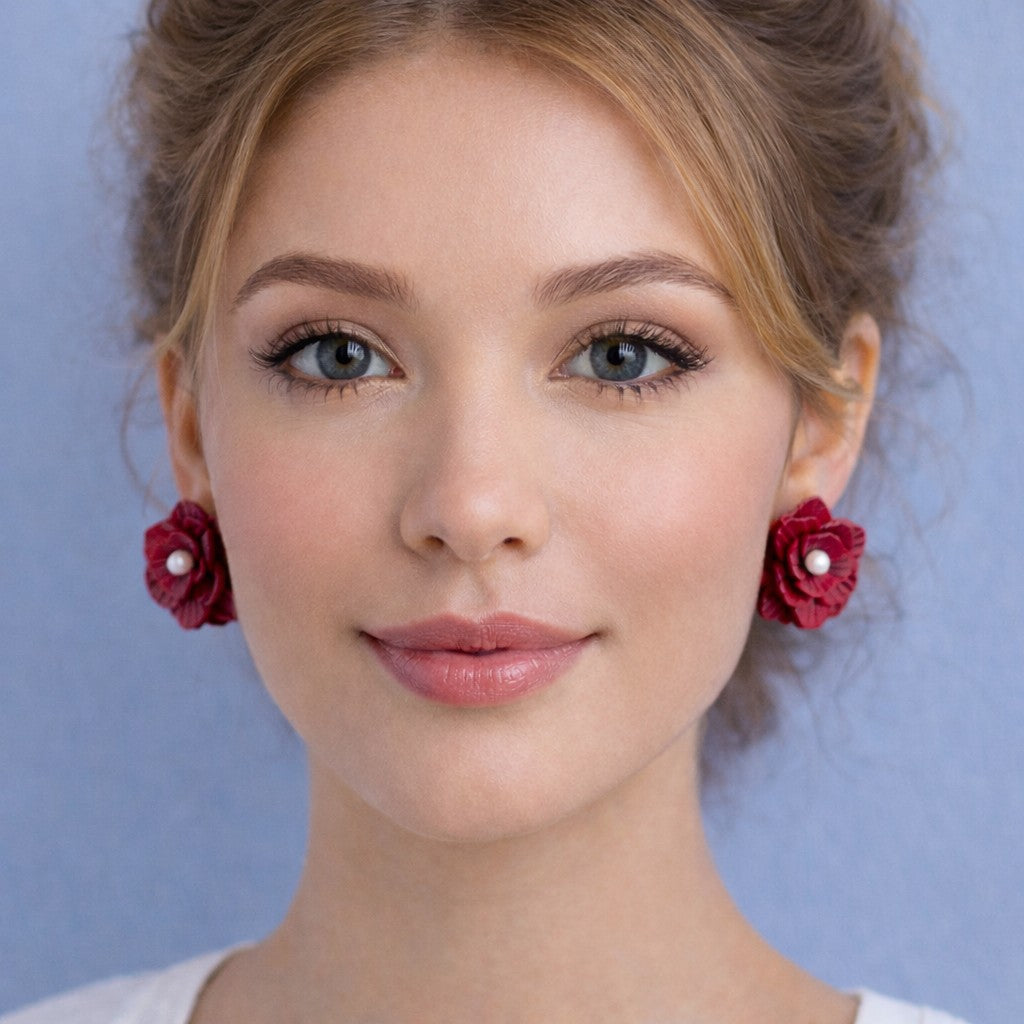 Burgundy Rose Pearl Earrings