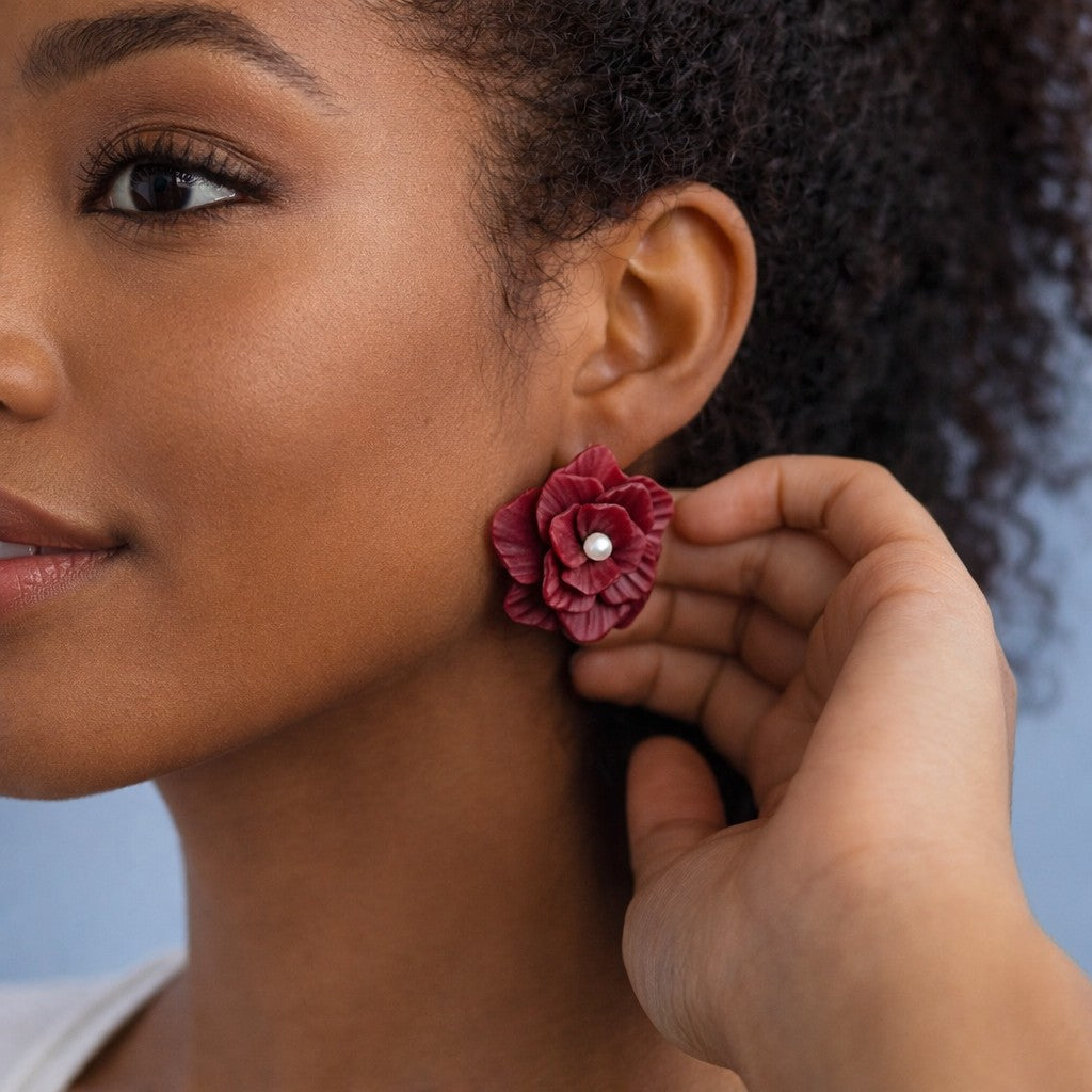 Burgundy Rose Pearl Earrings