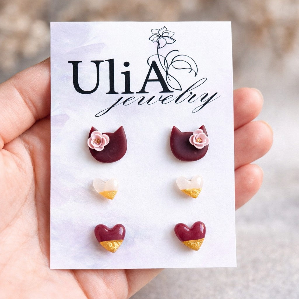 Mini Stud Earrings Set – Hearts & Cats