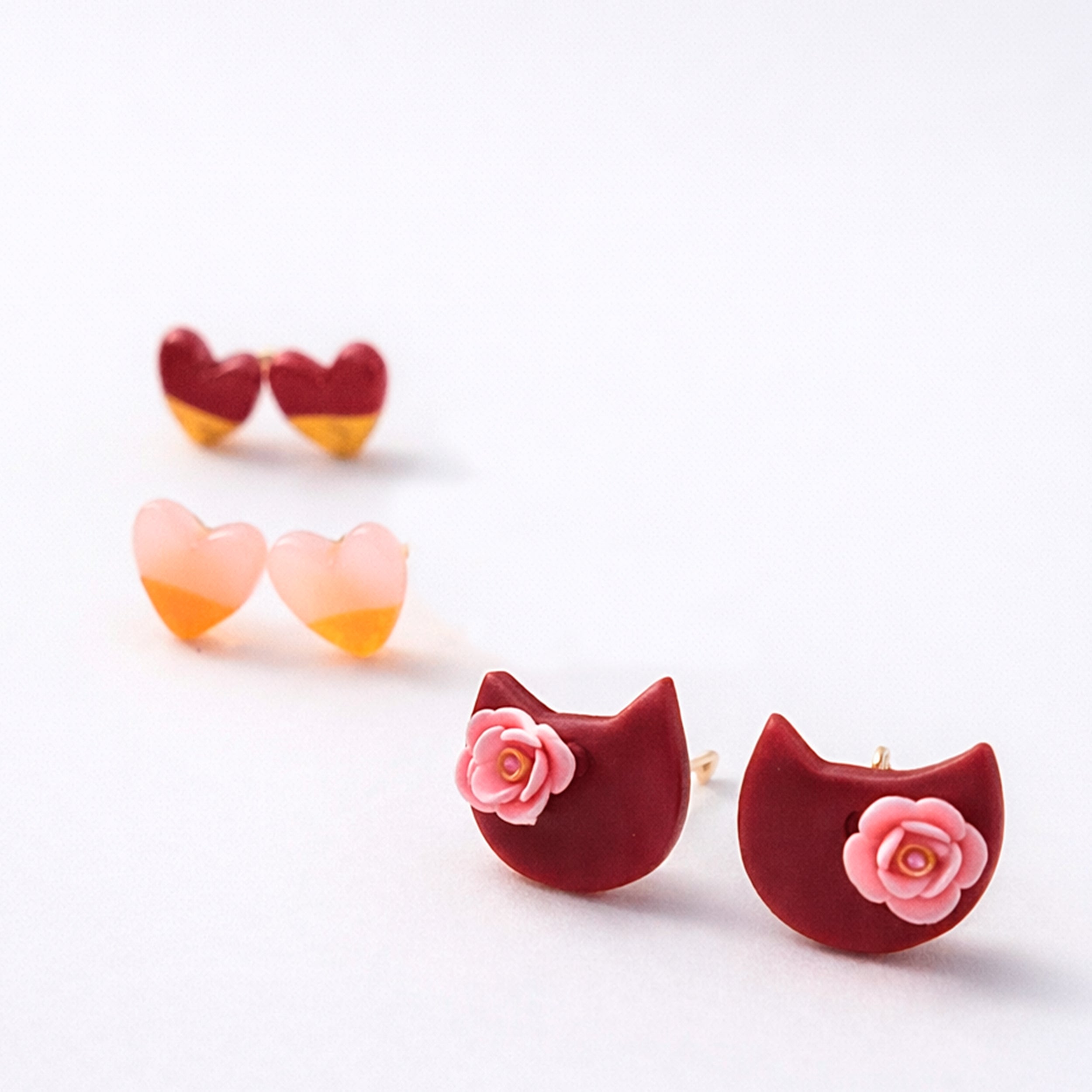 Mini Stud Earrings Set – Hearts & Cats