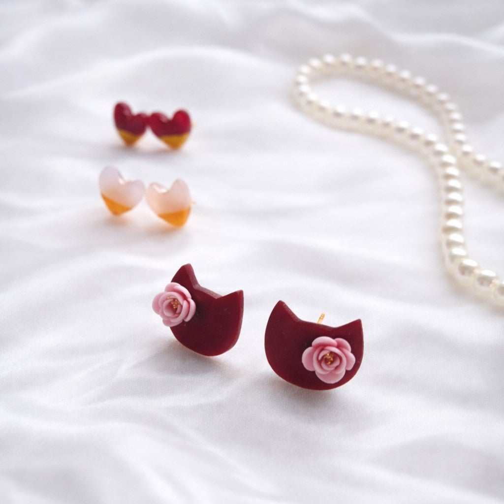 Mini Stud Earrings Set – Hearts & Cats