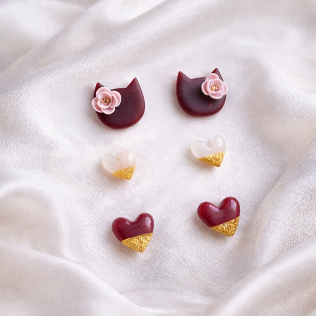 Mini Stud Earrings Set – Hearts & Cats