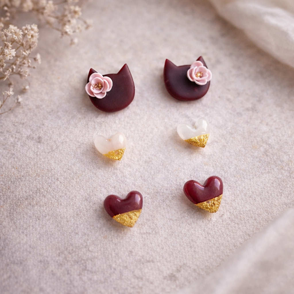 Mini Stud Earrings Set – Hearts & Cats