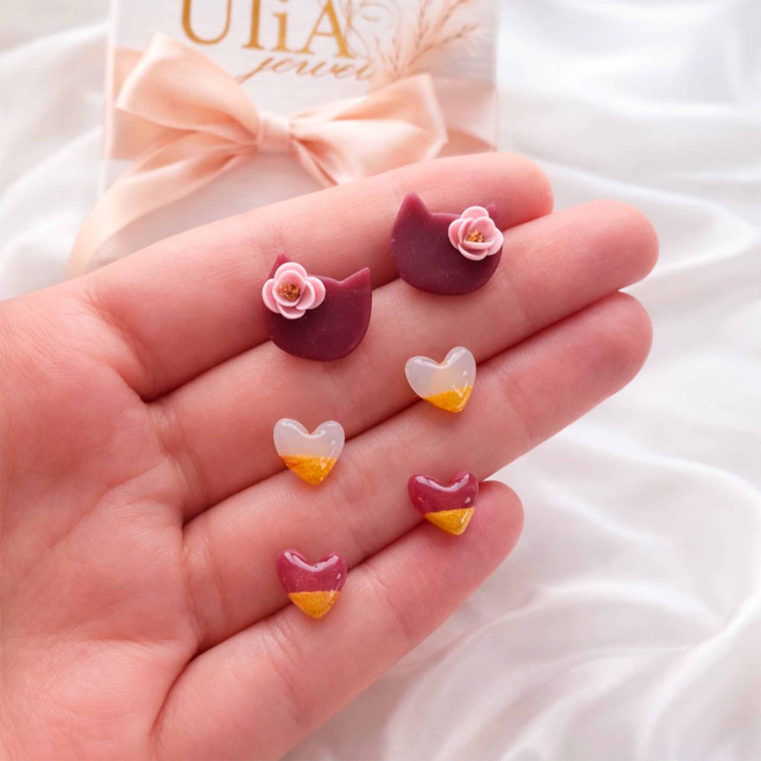 Mini Stud Earrings Set – Hearts & Cats