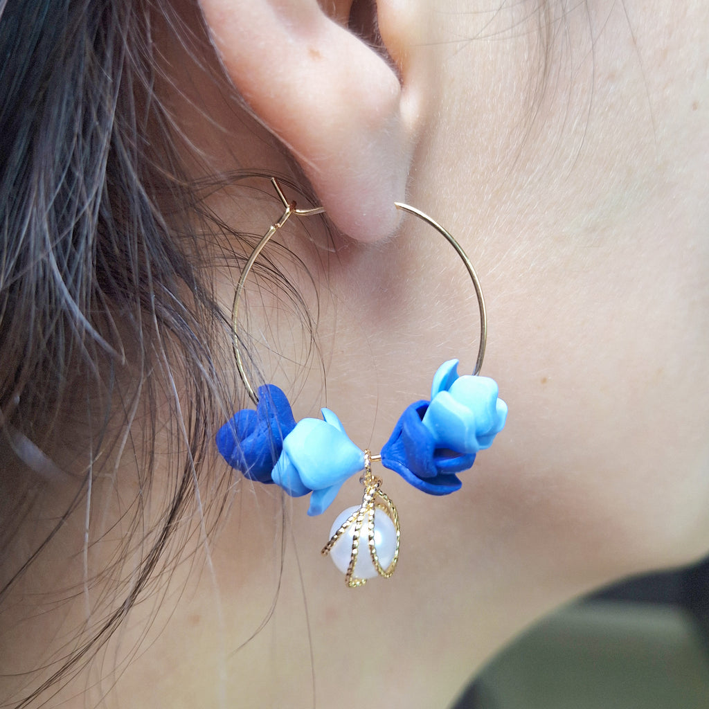 Blue Floral Hoop Earrings