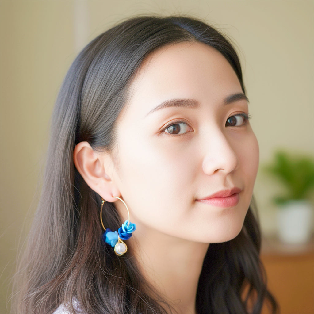 Blue Floral Hoop Earrings