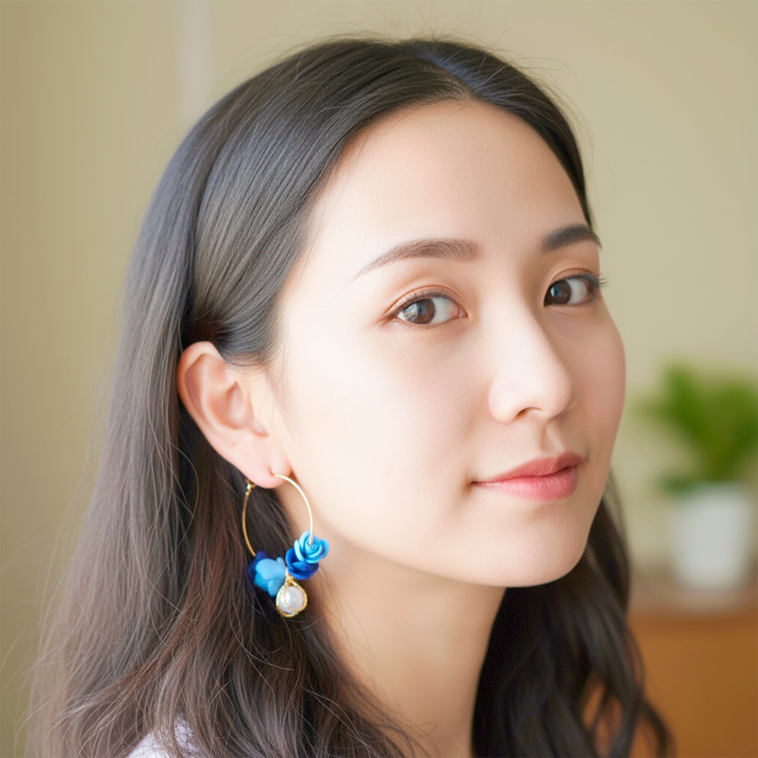 Blue Floral Hoop Earrings
