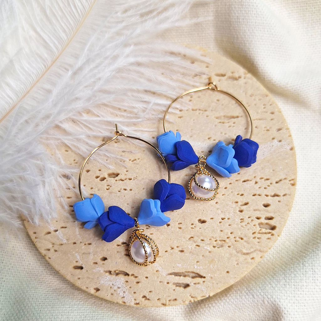 Blue Floral Hoop Earrings