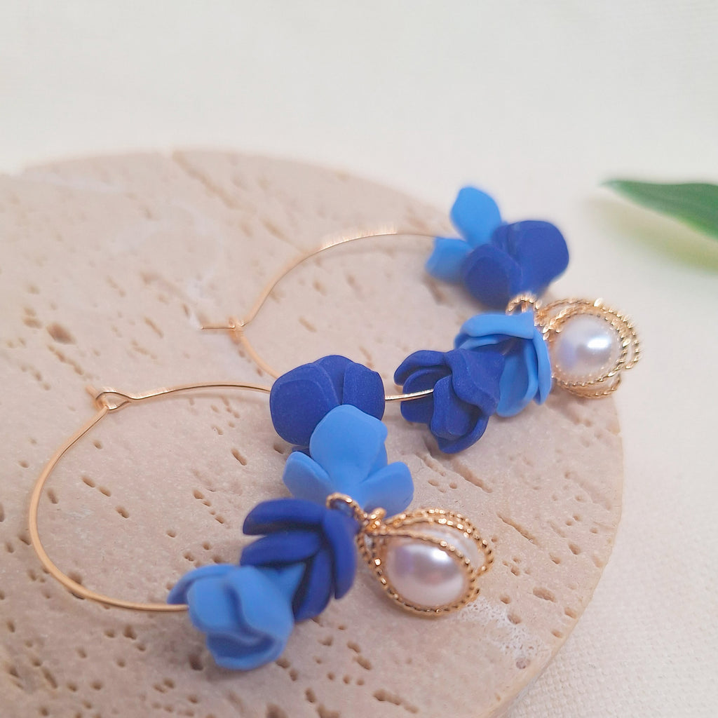 Blue Floral Hoop Earrings