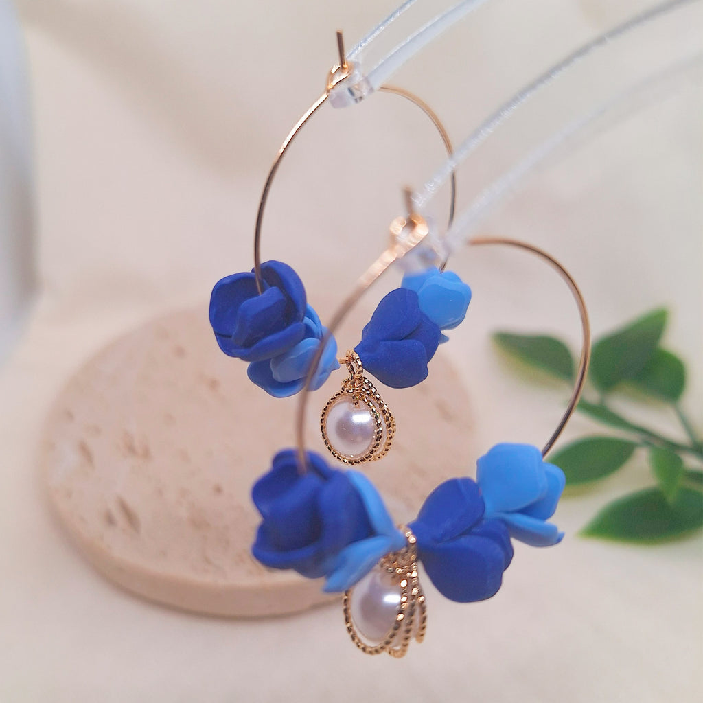 Blue Floral Hoop Earrings